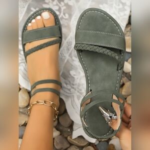 Chic Olive Green Braided Strap Sandals